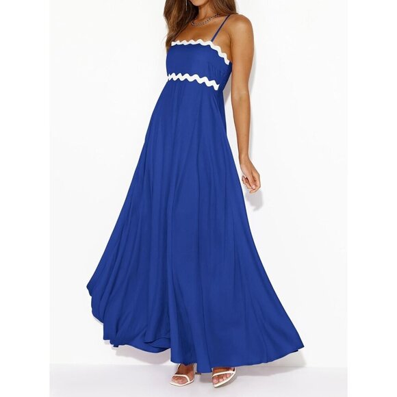 ✨Women Blue Spaghetti Strap Maxi 2025 Summer Casual Sleeveless Smocked Dresses - Picture 3 of 5